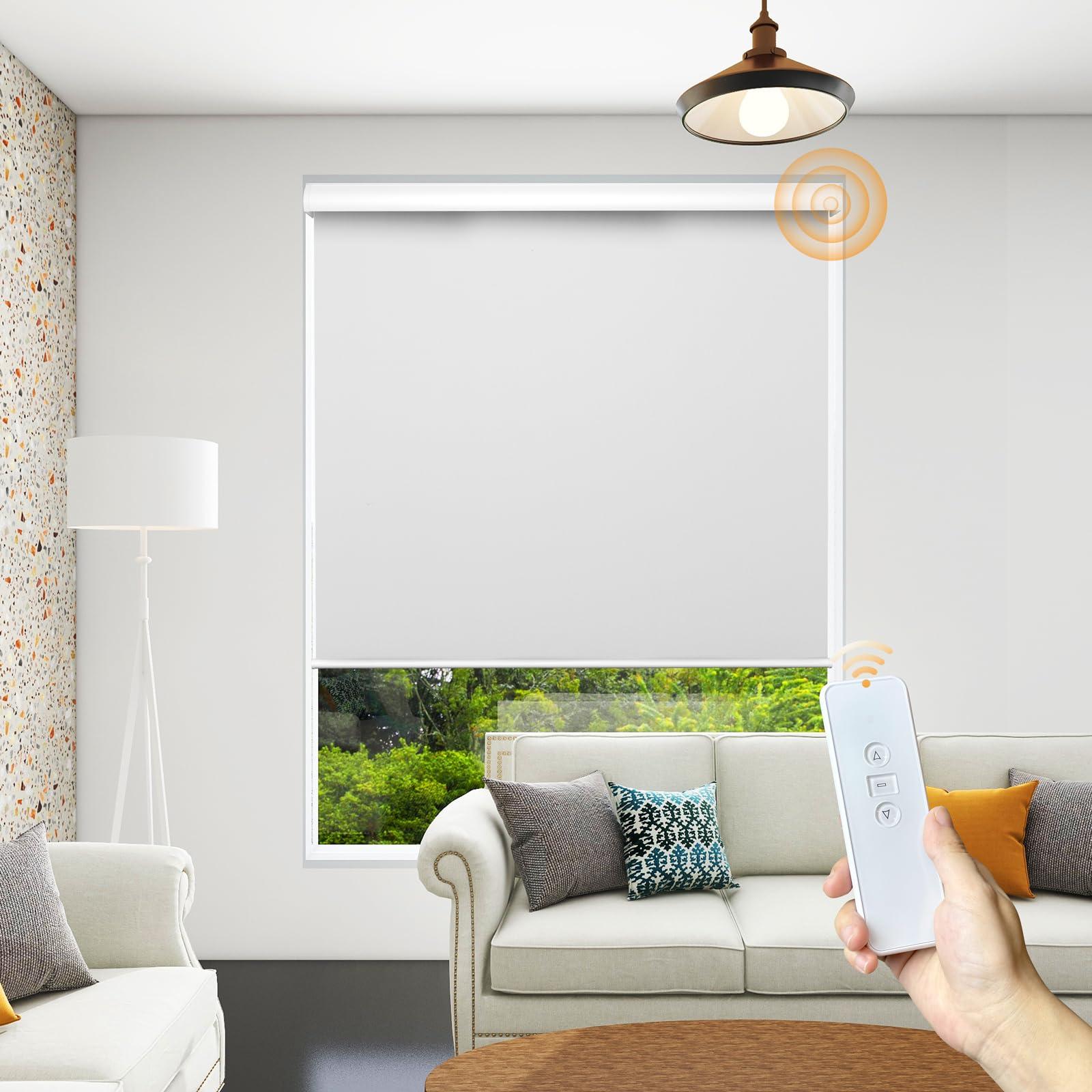 FS KEEWO FS KEEWO Roller Window Blinds Blackout Rechargeable Electric Window Shades with Remote Control Automatic Smart Home Motorized Roller Shades for Windows Doors Kitchen, 46" x 72", White