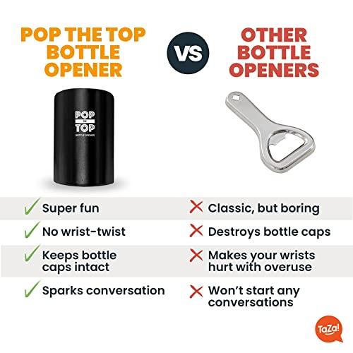TaZa Pop-the-Top Beer Bottle Opener (Stainless): Automatic Bottle Cap Opener, Push Down Pop Off Bar Tool, Soda and Beer Cap Remover, Cool & Fun Gadget