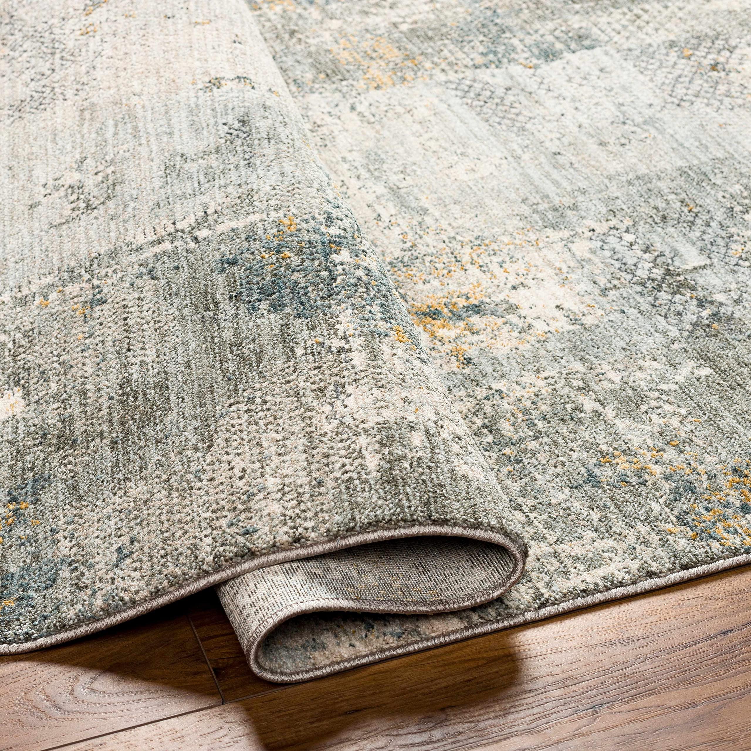 Hauteloom Hauteloom Elina Living Room, Bedroom Area Rug - Modern Abstract Boho Farmhouse - Contemporary Faded Distressed Carpet - Green, Gray, Brown - 5'3"-Round