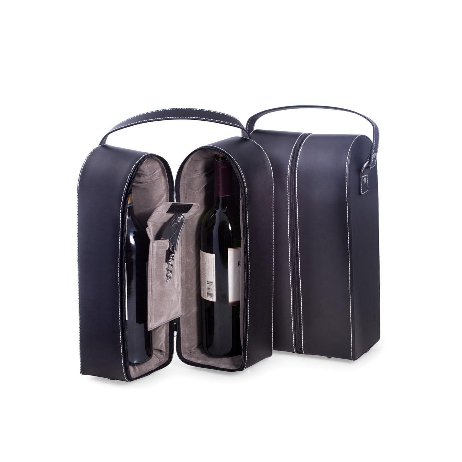 Bey-Berk Bey-Berk Leather Wine Bottle Carrier Caddy Travel Tote Bag & Tool Set,Black