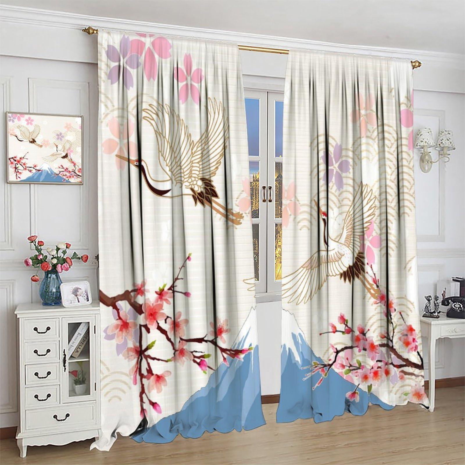 QYUNZS QYUNZS Asian Curtains Japanese Crane Cherry Flowers Art Printed Rod Pocket Blackout Window Drapes for Bedroom Living Room Kitchen Decor Fabric 2 Panel W42xL84in