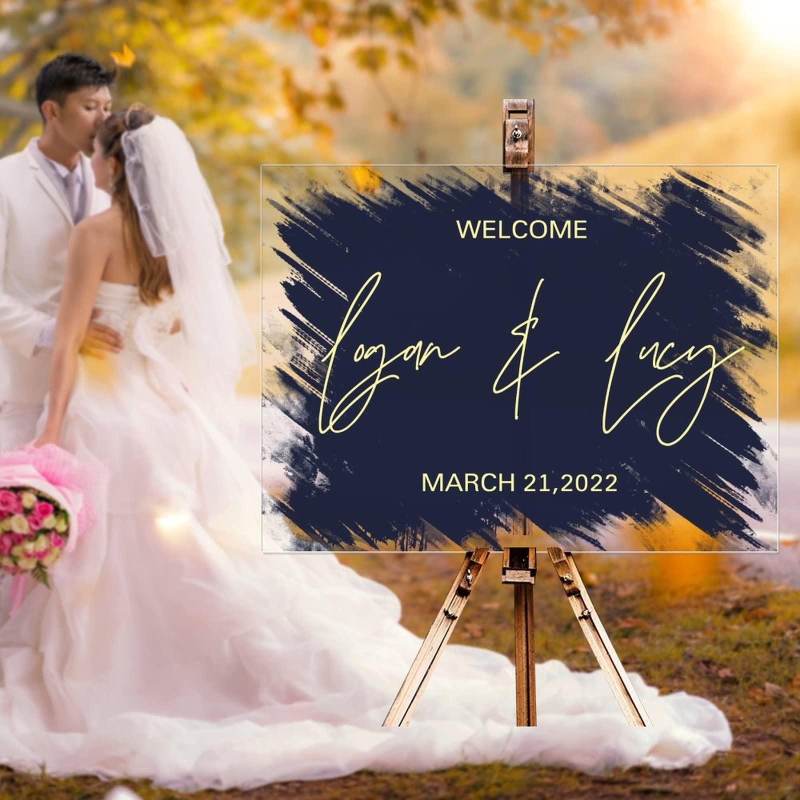 Generic And So Adventure Begins Personalized Welcome Wedding Sign Navy Blue Back Paint Gold Art Font Wedding Ceremony Sign Modern Acrylic Reception Decorations Party Signs for Wedding Ceremony 18x24in