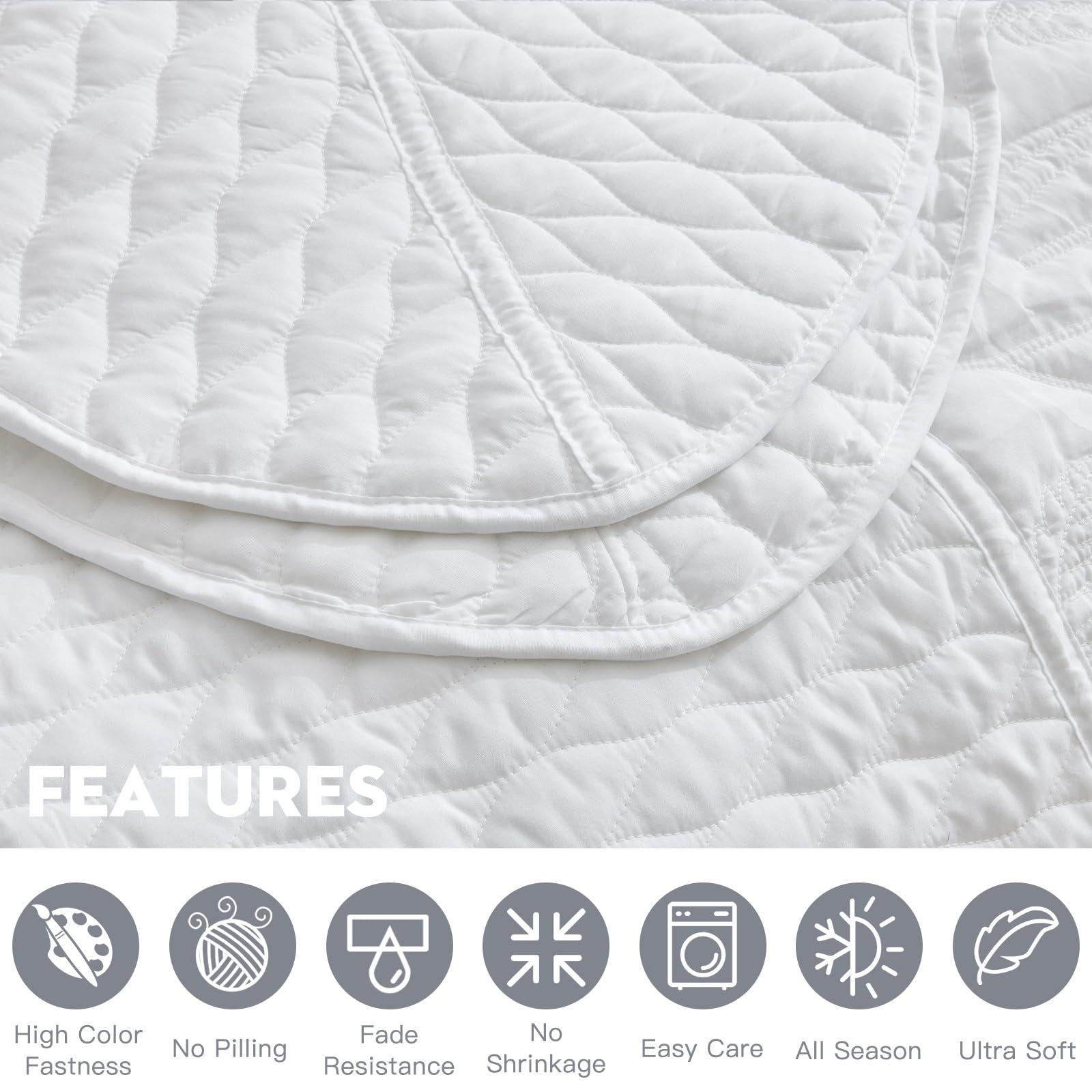 DaisyHuang DaisyHuang Botanical Oversized Bedspread Queen Size - Leaves Pattern Stitching Quilt Set - Elegent & Fresh Style Bedding Coverlets, Reversible, Lightweight, 4 Piece, White