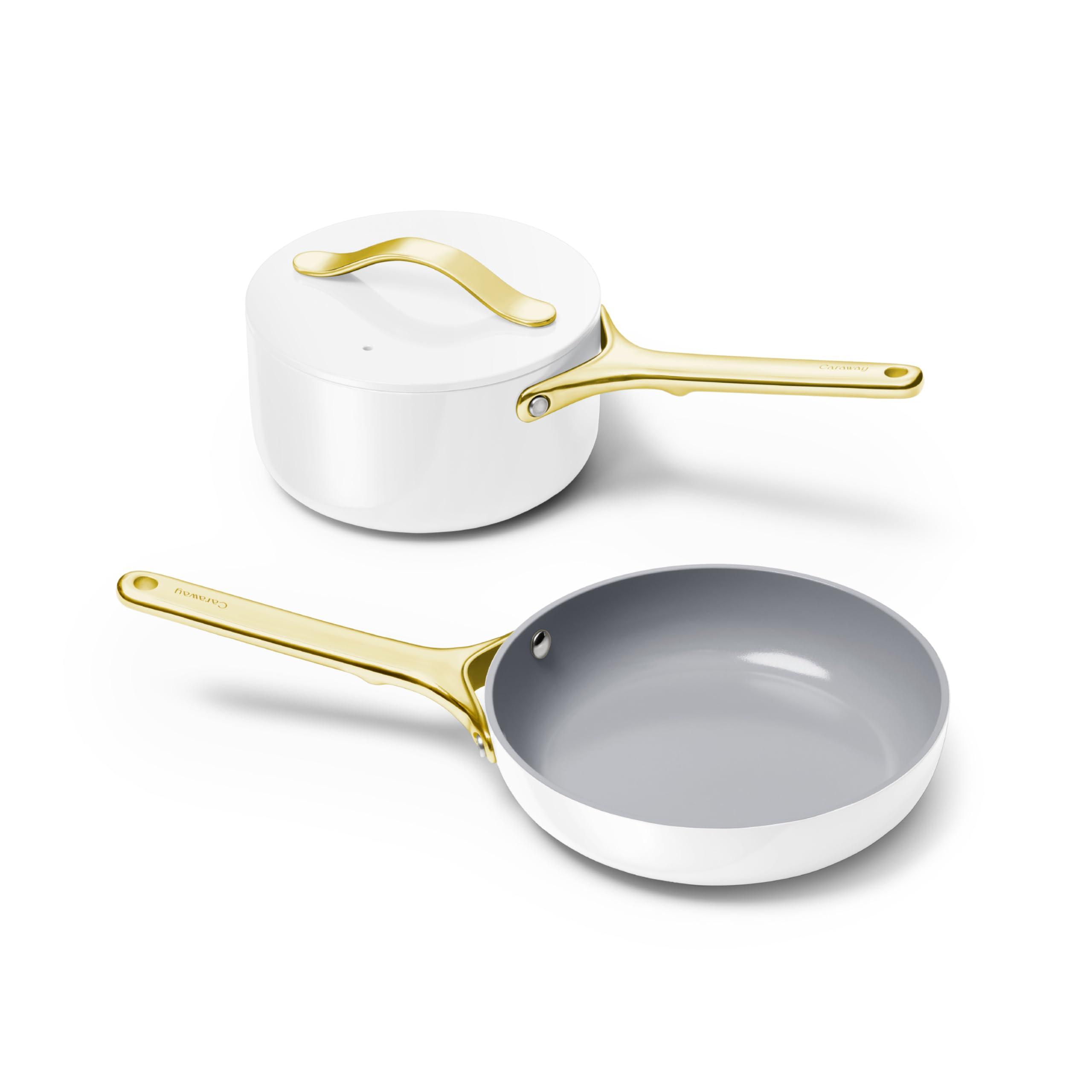 Caraway Caraway Mini Cookware Set - Non-Stick Ceramic Fry Pan (1.05 qt, 8\") Sauce Pan (1.75 qt) & Storage Rack - Non Toxic, PTFE & PFOA Free - Oven Safe & Stovetop Agnostic (Gas, Electric & Induction) - White