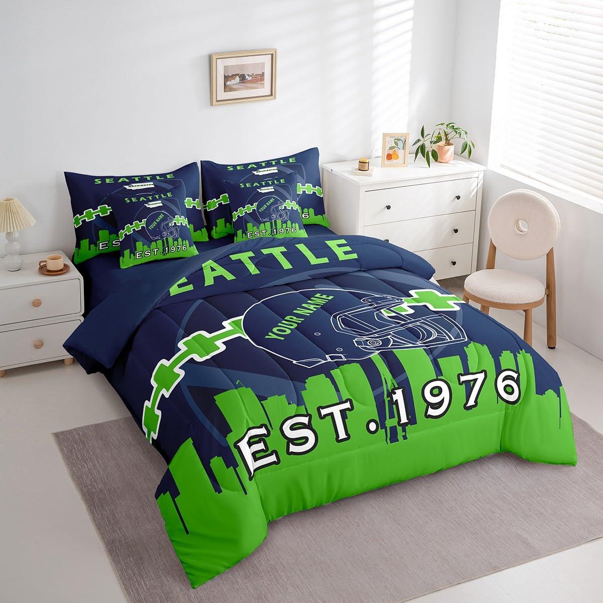 Erosebridal Erosebridal 7 Pcs Comforter Set King Size,Personalized Kids Football Bed in a Bag with Flat Sheet and Fitted Sheet for Kids and Adults,Sports Bedding Set with Pillowcase and Sham(Seattle)