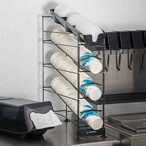 Carlisle Paddles San Jamar Wireworks Cup and Lid Dispenser Fits 8 - 44 Oz. Cups, 3 Tiers with Suction Cup Feet for Restaurants, Fast Food, And Kitchens, Plastic, 8.25 X 20.5 X 22.5 Inches, Black