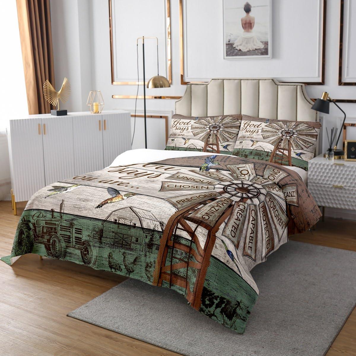 Erosebridal Rustic Farmhouse Quilt Set Queen Size, Vintage Country Windmill Coverlet Set For Kids Teens Adult Women Bedroom,Farm Animal Cabin Bedspread Set Western Wood Barn Door Bed Set With 2 Pillow Cases