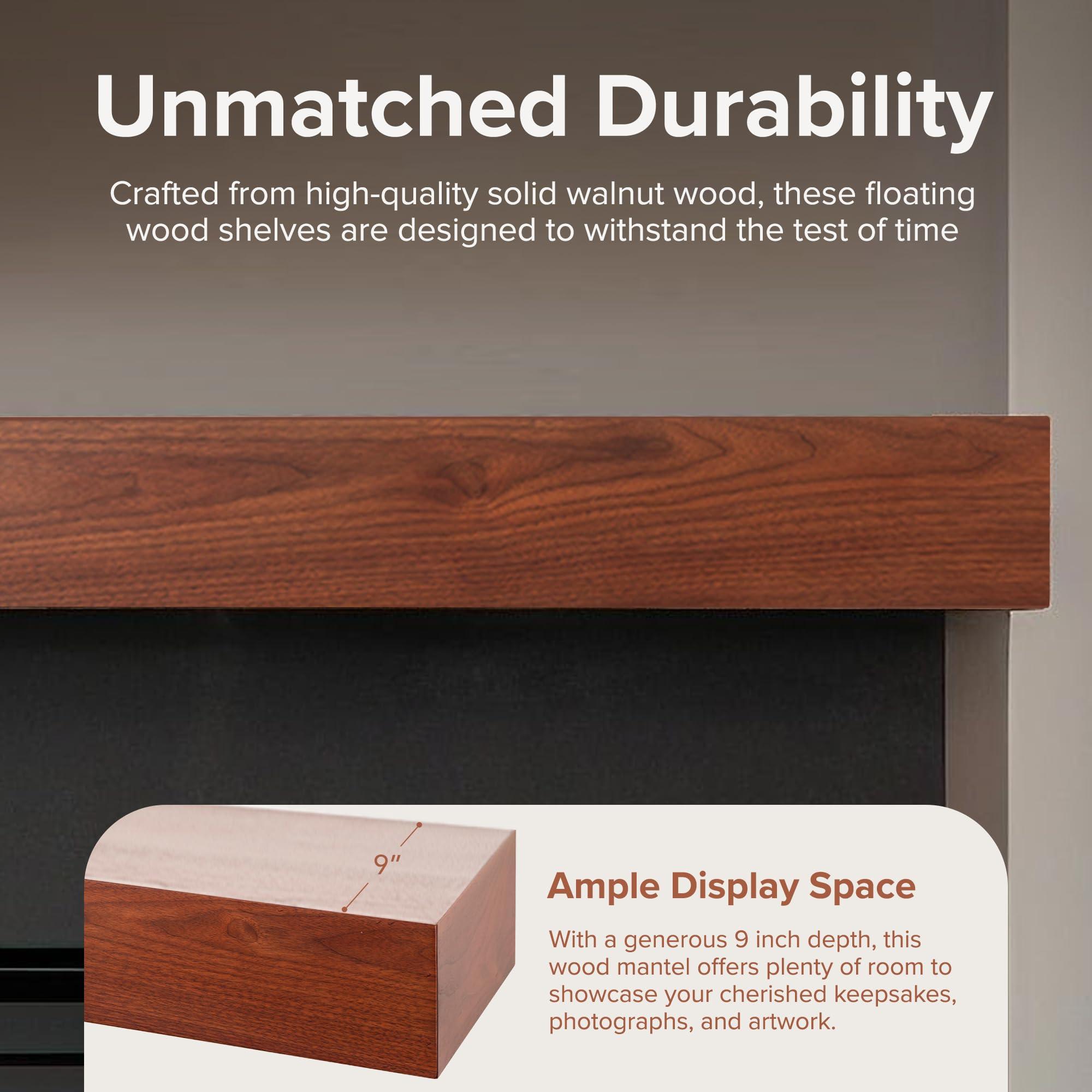 Modern Ember Modern Ember Walnut Creek 60 Inch Fireplace Mantel Shelf in Burnt Sienna - Durable 9\" Depth, Wall-Mounted Shelf with Smooth Finish and Close-Grain Details, Real Walnut Wood