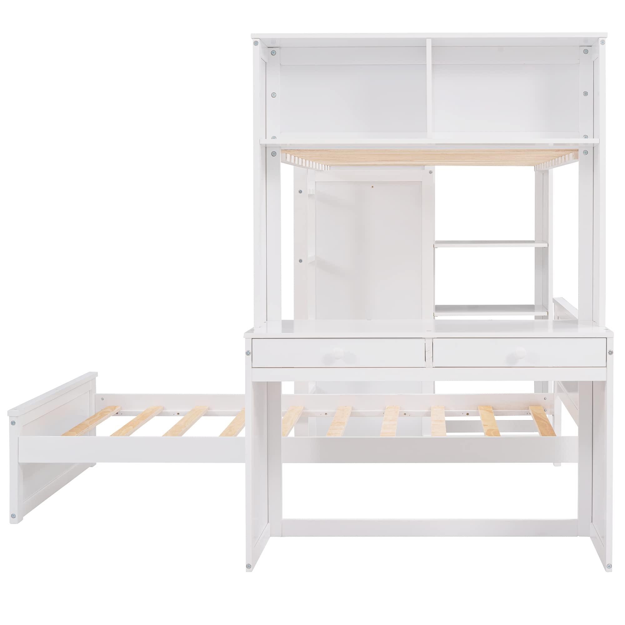 TRIPLE TREE Loft Bed Twin Size, Wood Loft Bed Frame with a Stand-Alone Bedframe, Shelves, Desk and Wardrobe for Teens, Girls and Boys, Save Space Bunk Bed, 2 Beds in 1 Multifunctional Bed Frame, White