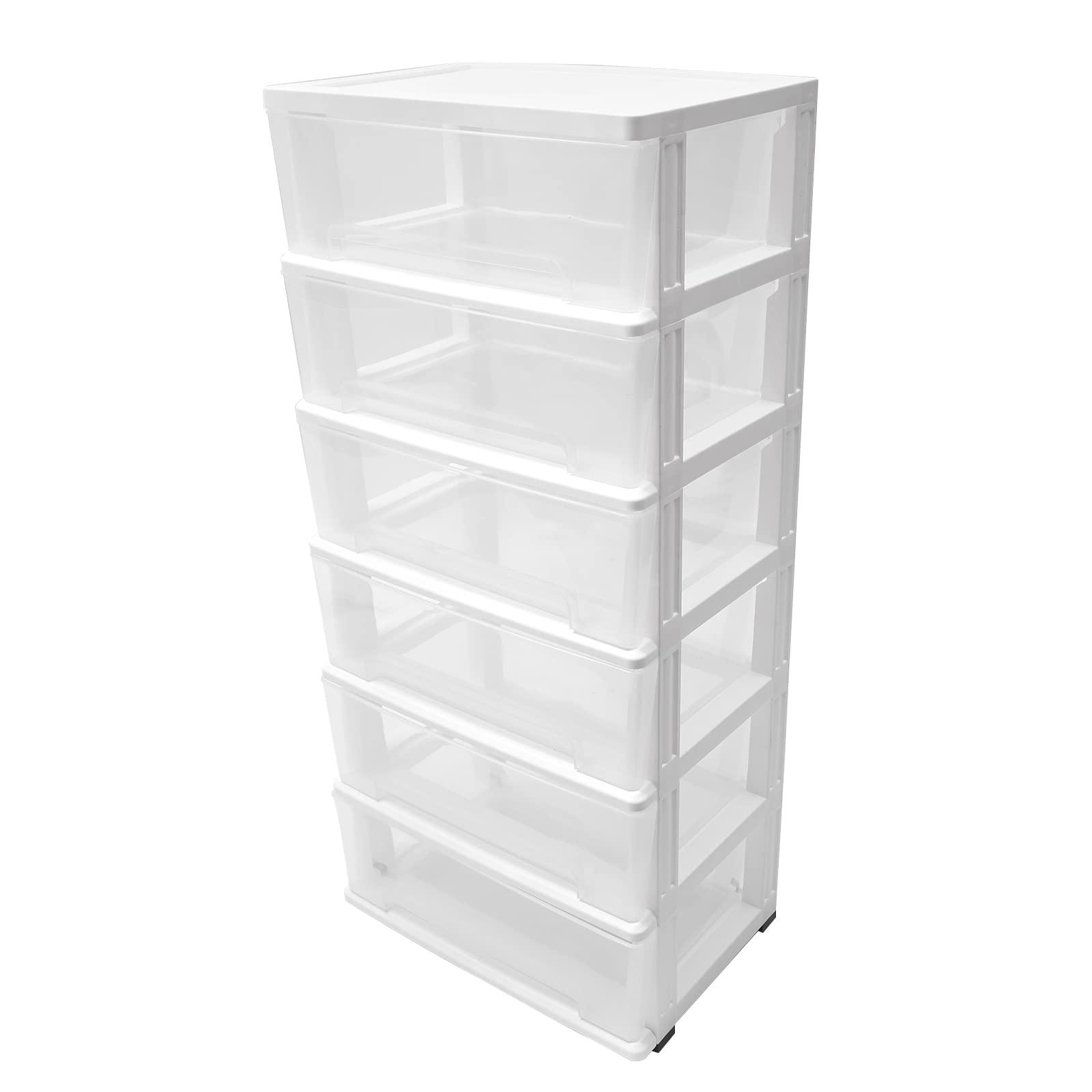TTeralmon 6 Layer Clear Plastic Drawer w/Wheels, Storage Cart Plastic 6 Drawer Plastic Organizer with Drawers Stackable Storage Drawers for Office Closet, 19.7 * 13 * 43in (White)