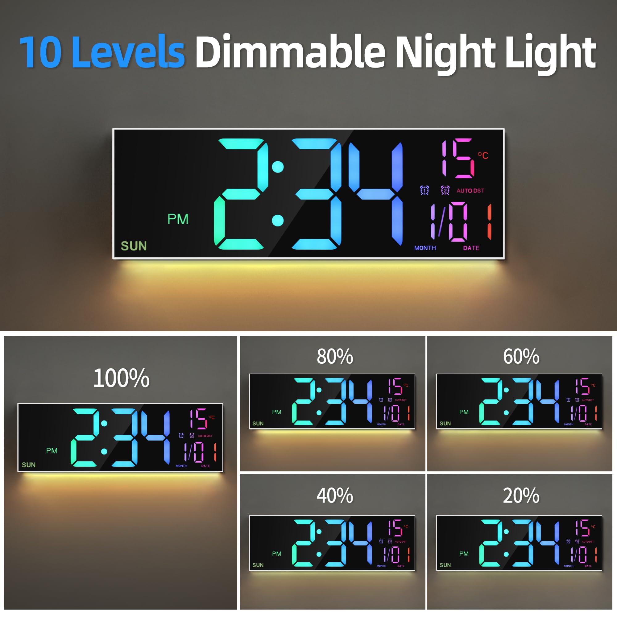 LEIKE LEIKE 16.2\'\' Large Digital Wall Clock with Remote Control, Big LED/Dual Alarm/8 RGB Colors/Auto Brightness/Date/Auto DST/Temperature/Night Light Gym Clocks for Living Room Bedroom Office Wall Decor