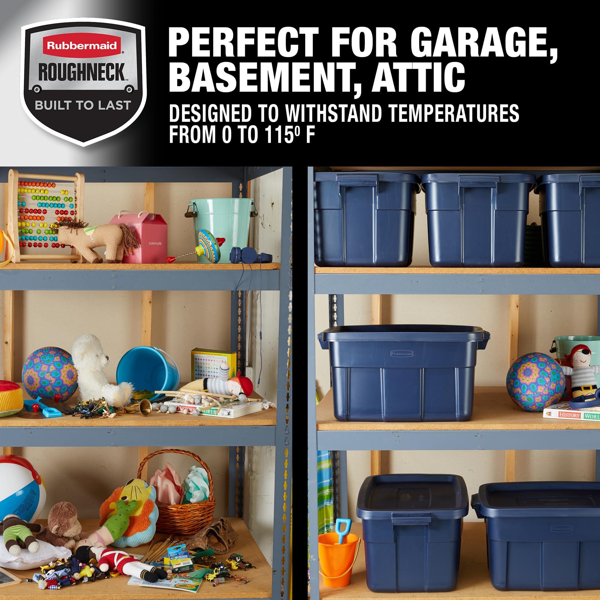 Rubbermaid Rubbermaid Roughneck Tote 14 Gal, 6 Pack, Made in USA, Dark Indigo Metallic, Rugged Plastic Stackable Storage Bins with Lids and Handles