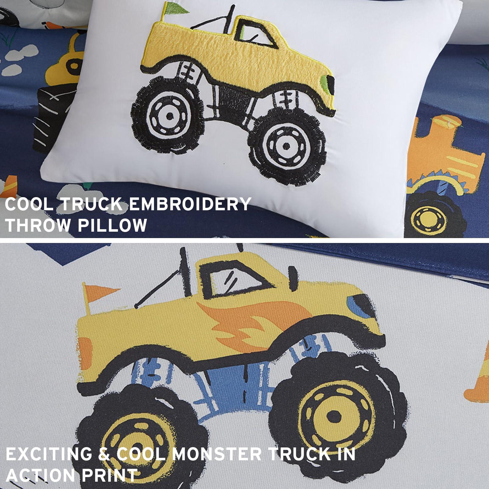 MI ZONE KIDS Mi Zone Kids Twin Comforter Set for Boys 3 Piece Monster Truck Comforter Set, Twin Size Bedding Set, Teen Bed Set, Microfiber Bedding Set, Matching Sham, Embroidered Truck Throw Pillow, Twin, Blue