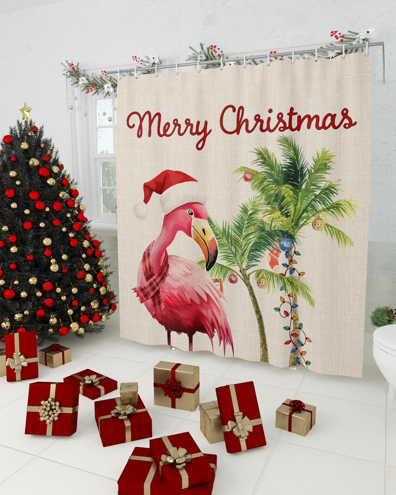 PIEPLE PIEPLE Christmas Flamingos Shower Curtain, Waterproof Washable Boho Funny Cute Shower Curtains Set for Bathroom Bathtubs Curtains Decor Set, 72\" Wx72 L with Hooks Xmas Balls Tree Rustic