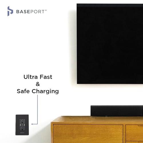 BASEPORT BASEPORT Premium Wall Outlet with USB Ports - 125V 20 Amp Outlet, 5V/6A USB Outlets Receptacles, Dual USB-A, 1 USB-C, Single Gang Black Faceplate