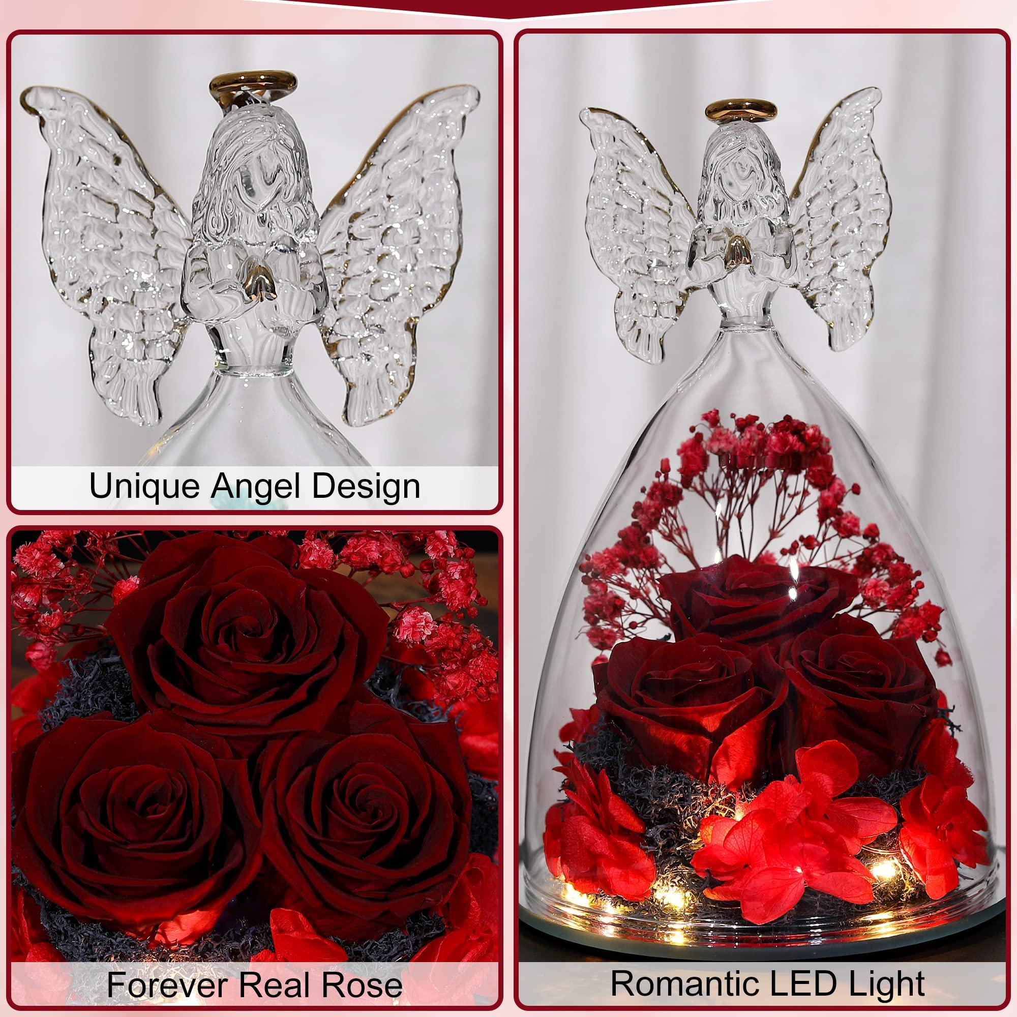 Tiaronics Tiaronics Mothers Day Rose Gifts Glass Angel Figurine with Three Roses Gifts, Preserved Forever Real Rose Gifts for Women, Angel Guardian with Rose for Valentine Day Mothers Day - Wine Red