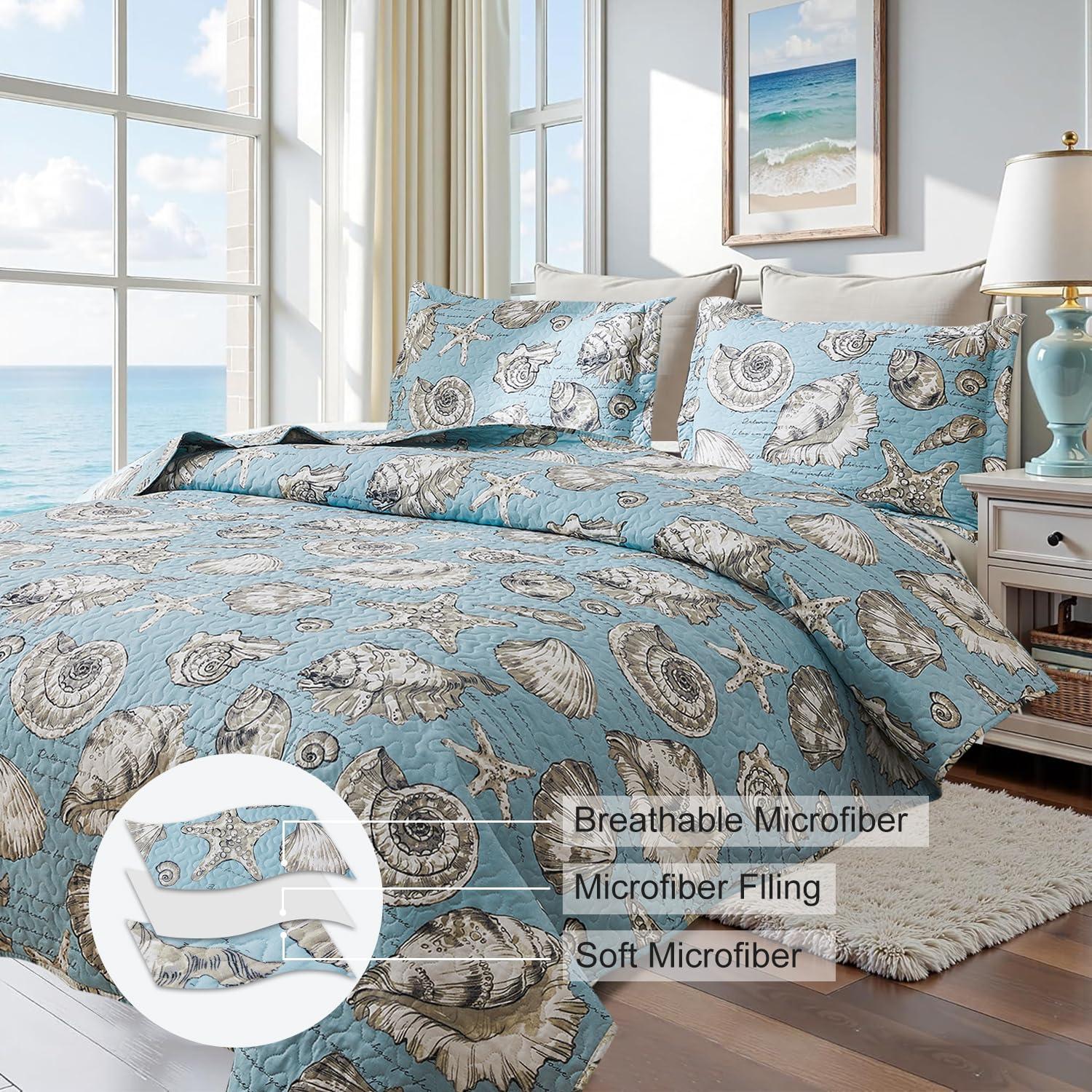 Ycosy Coastal Quilt Set Full/Queen Size Ocean Themed Bedding Summer Beach Quilts Set Lightweight Reversible Bedspread Coverlets Seashell Starfish Seaweed Bed Spread Soft Home Bed Cover with 2 Pillow Shams