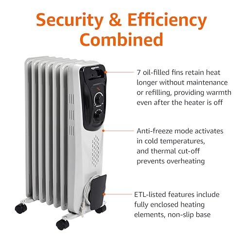 Amazon Basics Amazon Basics Oil Heater, Radiator Heater for Indoor Use, With Over-Heat Protection, 7 Oil-Filled Steel Fins, 3 Heat Settings, ETL-certified Safety, 1500W, White, 11"D x 14.8"W x 25.2"H