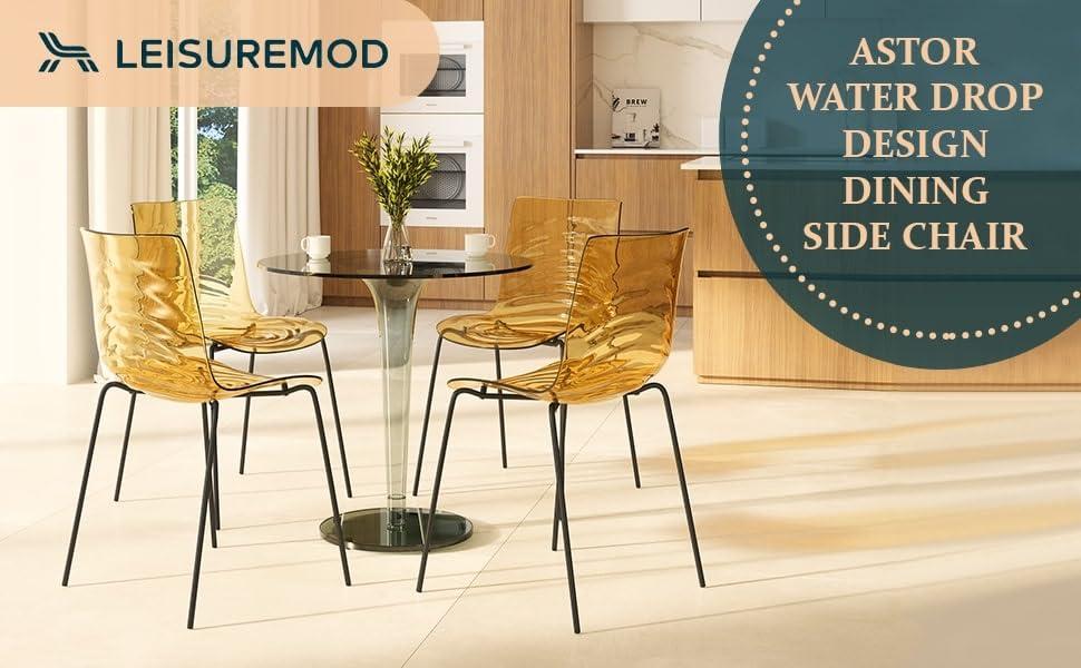 LeisureMod LeisureMod Astor Water Ripple Design Modern Lucite Dining Side Chair with Metal Legs, Transparent Orange