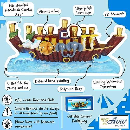 Aviv Judaica Aviv Judaica Sculptured Noah\'s Ark Menorah Biblical Themed Minorah Noachs Ark with Animals Children\'s Menorah Beautifully Painted Resin Hanukkiah Collectible Kids Chanukah Candle Holder Menurah