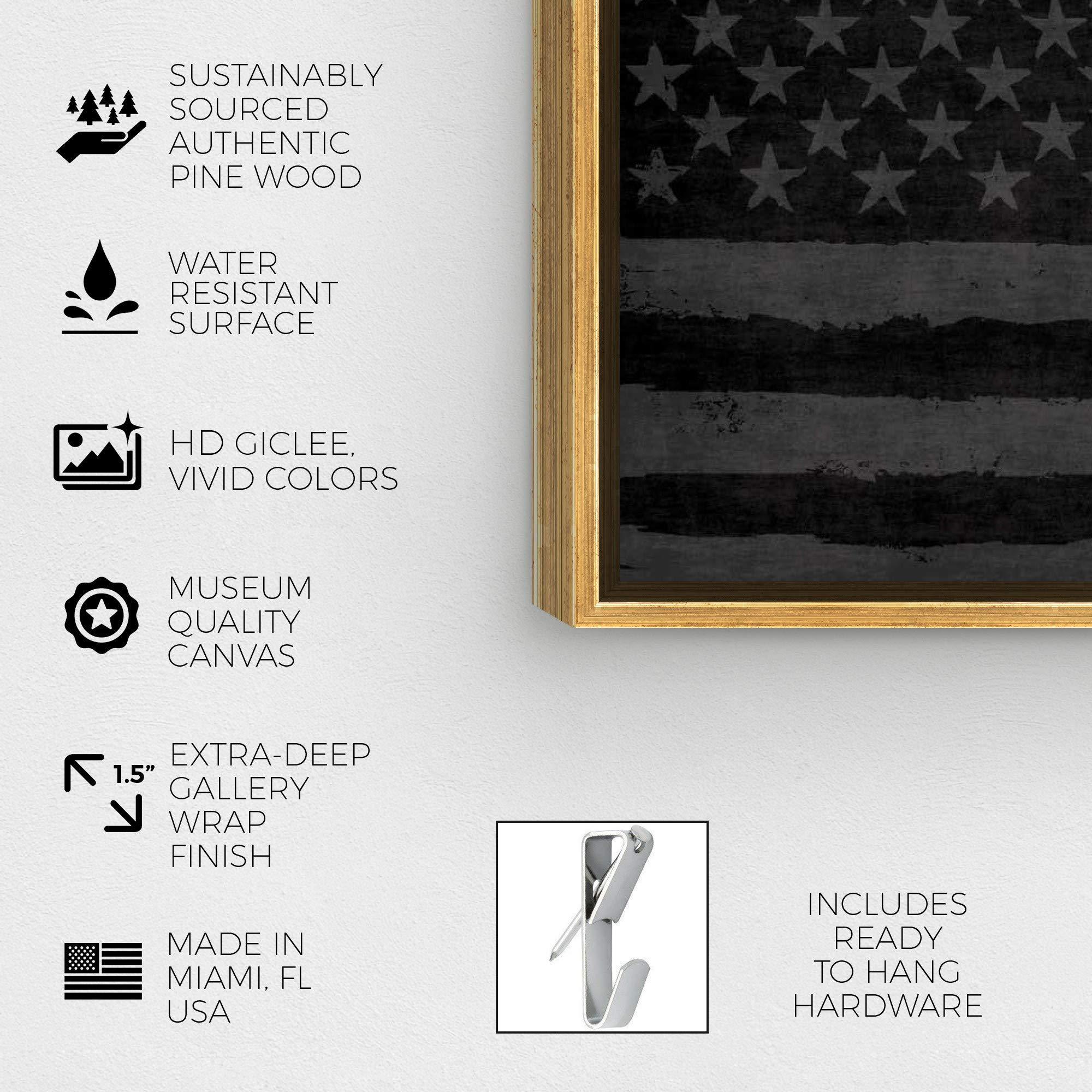 Hatcher & Ethan Hatcher and Ethan Americana and Patriotic Wall Art Framed Canvas Prints \'Rocky Freedom US Flags Home Dcor, 24\" x 16\", Black, Gray