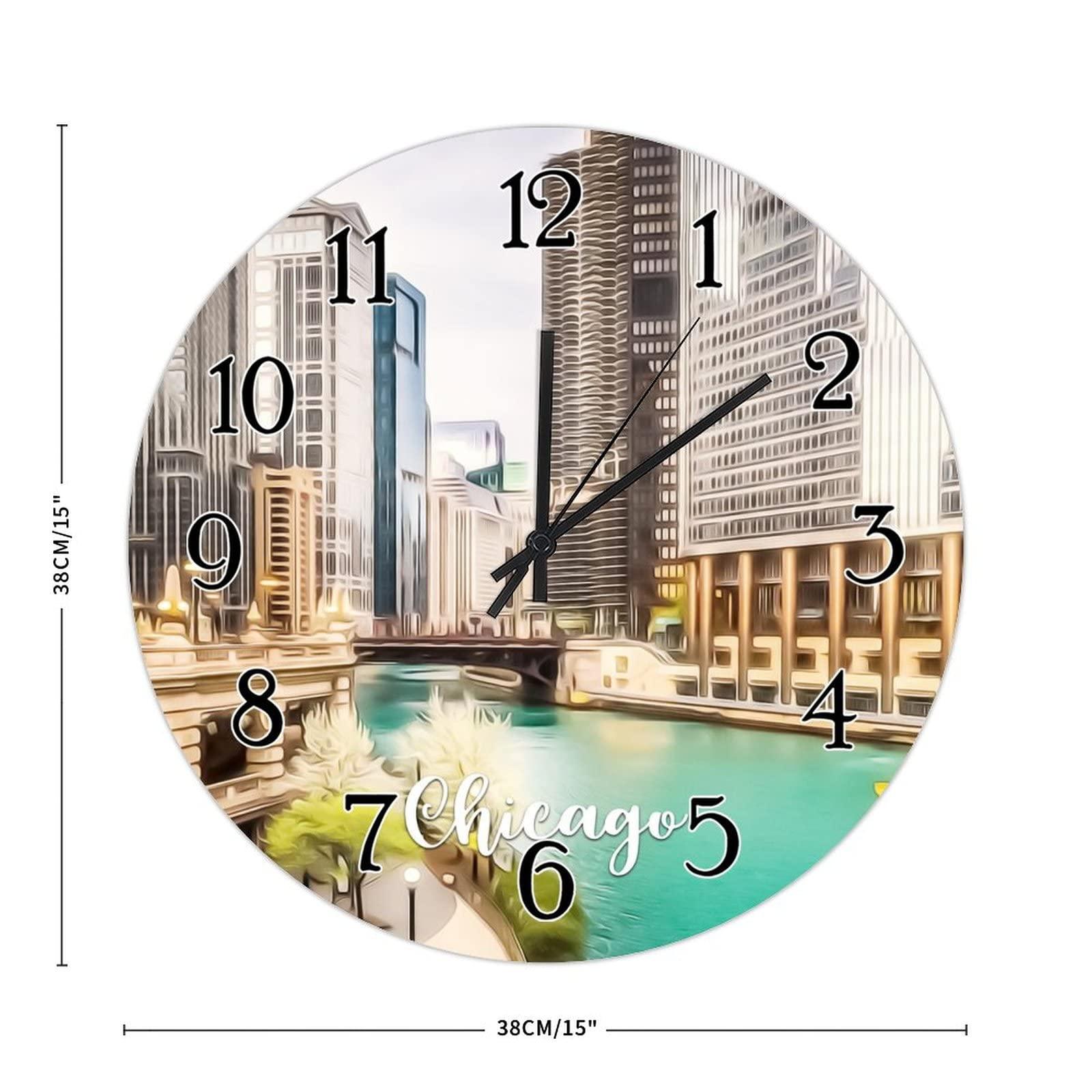 Generic Hanging Wall Clock USA City Chicago Wall Clock Silent Non-Ticking Wall Clocks American Cities in Illinois States Round Clocks City Souvenir Clocks for Home Office 15inch