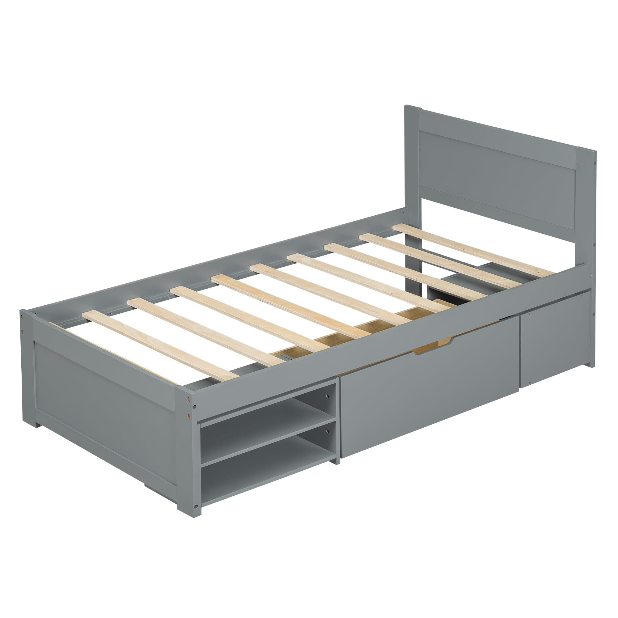Harper & Bright Designs Harper & Bright Designs Twin Storage Bed Frame with Drawers,Wooden Twin Platform Bed with Storage & Headboard, Twin Size Bed with Drawer and Two Shelves, No Box Spring Needed, Gray
