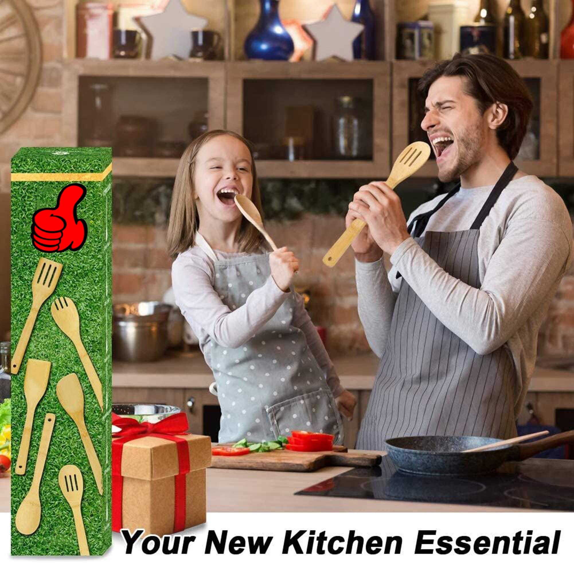 wertyu Wooden Spoons for Cooking, 6-Piece 12 Inch Bamboo Utensil Set Wood Spatula Spoon Nonstick Kitchen Utensil Set Premium Quality Housewarming Gifts Wooden Utensils for Everyday Use