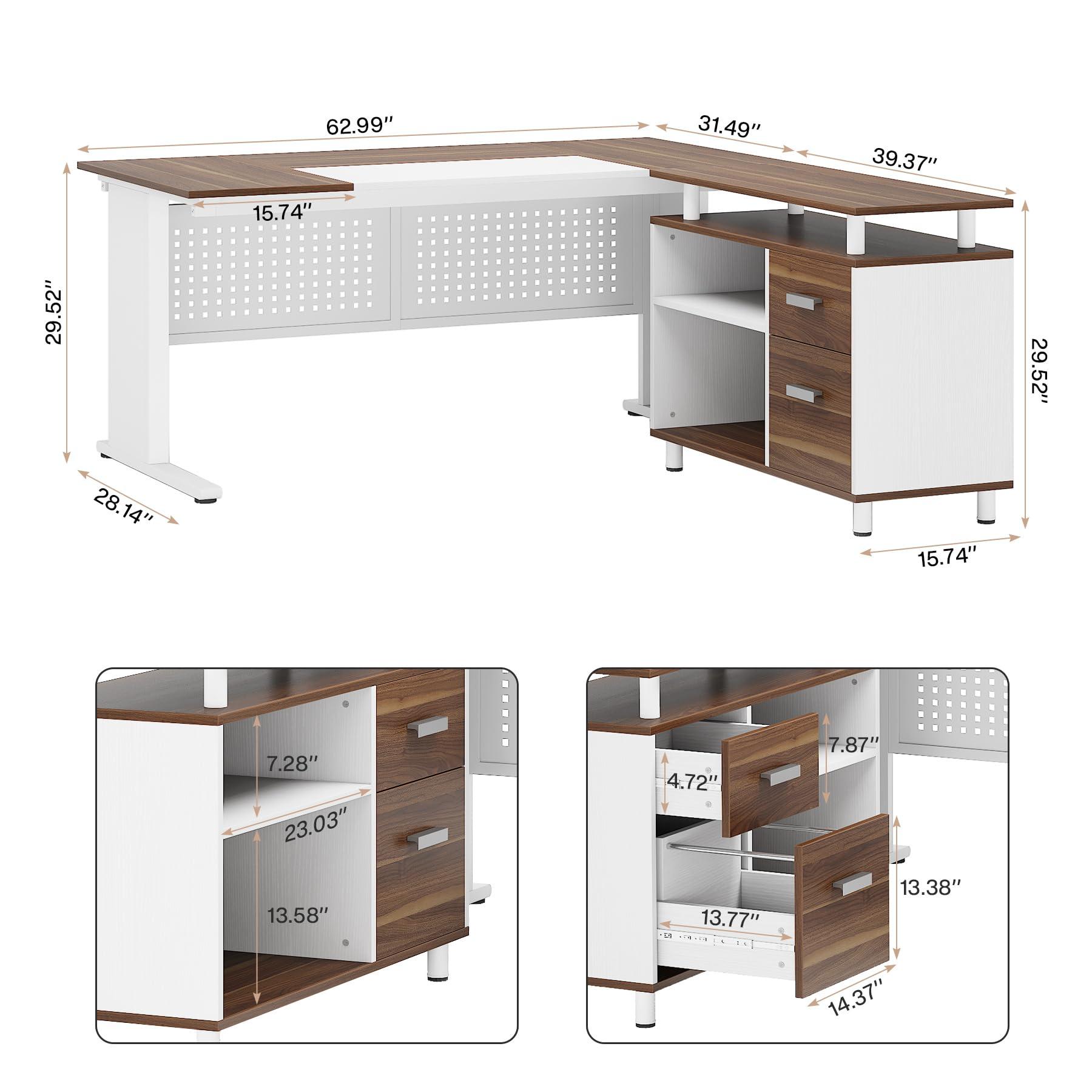 Tribesigns Tribesigns 63 Inch Executive Desk with File Cabinet, Large Office Desk L Shaped Computer Desk with Drawers and Storage Shelves, Business Furniture Desk Workstation for Home Office, White and Walnut