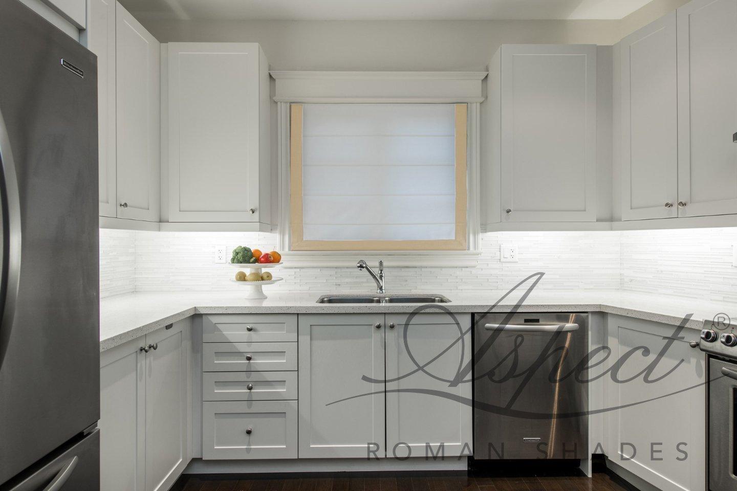 LOGANOVA Shades LOGANOVA Flat Roman Shade Chevalle Maize. White background with cream yellow border on three sides and chain mechanism. Custom made.