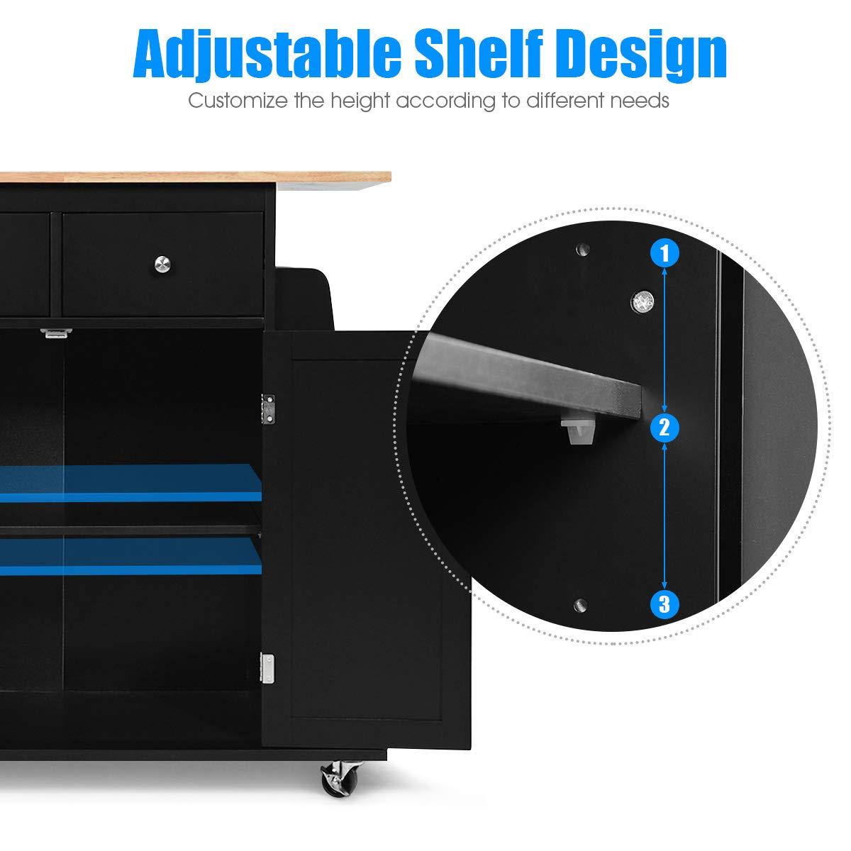 Giantex Giantex Kitchen Island Cart, Rolling Wood Trolley with Storage Cabinet, Towel Handle, 2 Drawers, Side Spice Rack and Wine Bottle Rack, Kitchen Cart on Wheels, Rubber Wood Countertop (Black)