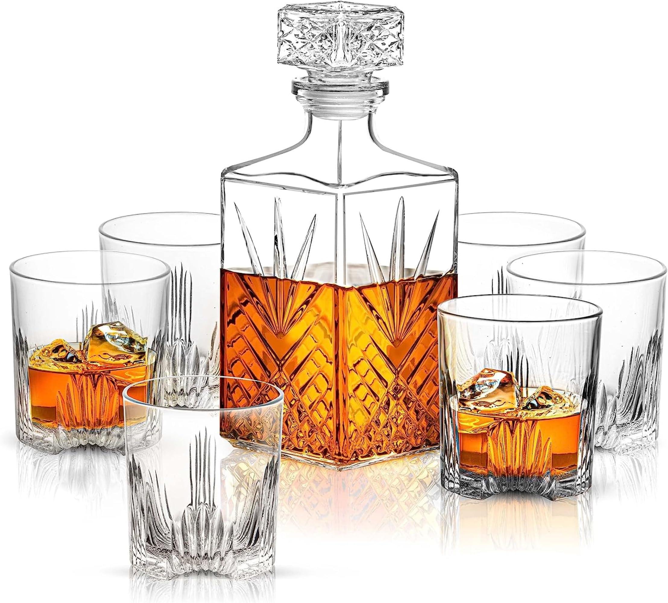 Bormioli Rocco Bormioli Rocco Selecta Collection Whiskey Gift Set – Sophisticated Etched 33.75oz Decanter & 6 9.5oz Glass Tumblers With Starburst Detailing – For Whiskey, Bourbon, Scotch & Liquor