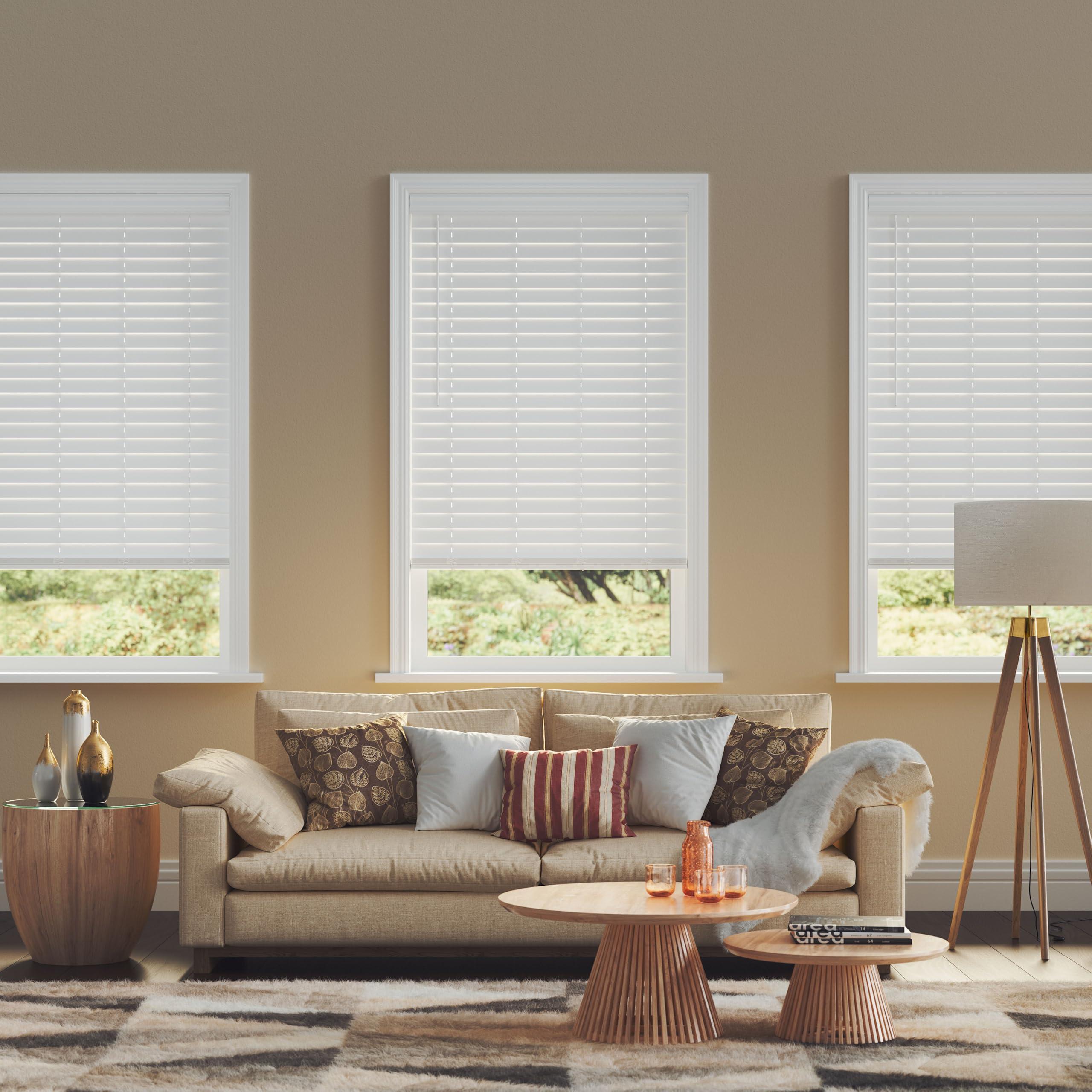 Lumino 2.5 Inch Cordless Faux Wood Blind, 60" W x 60" L - White Plantation Style Venetian Blinds, Over 400 Custom Sizes Starting at 29.97, Room Darkening Shades for Interior Windows by Lumino