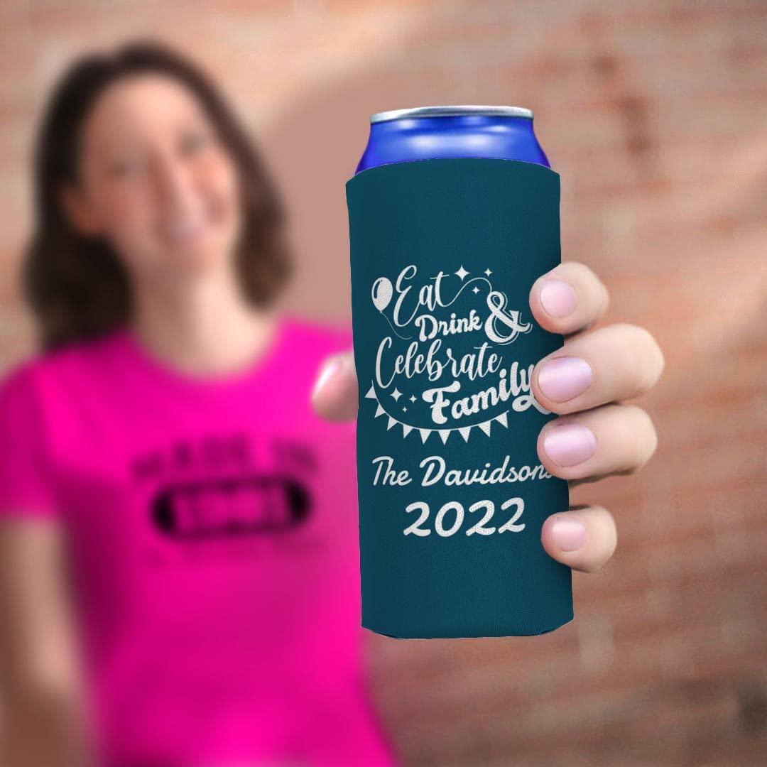 Personalized Gifts Custom Family Reunion Gifts Personalized Eat Drink Celebrate Family 6-Pack Personalized Ultra Slim Drink Sleeves Dark Teal