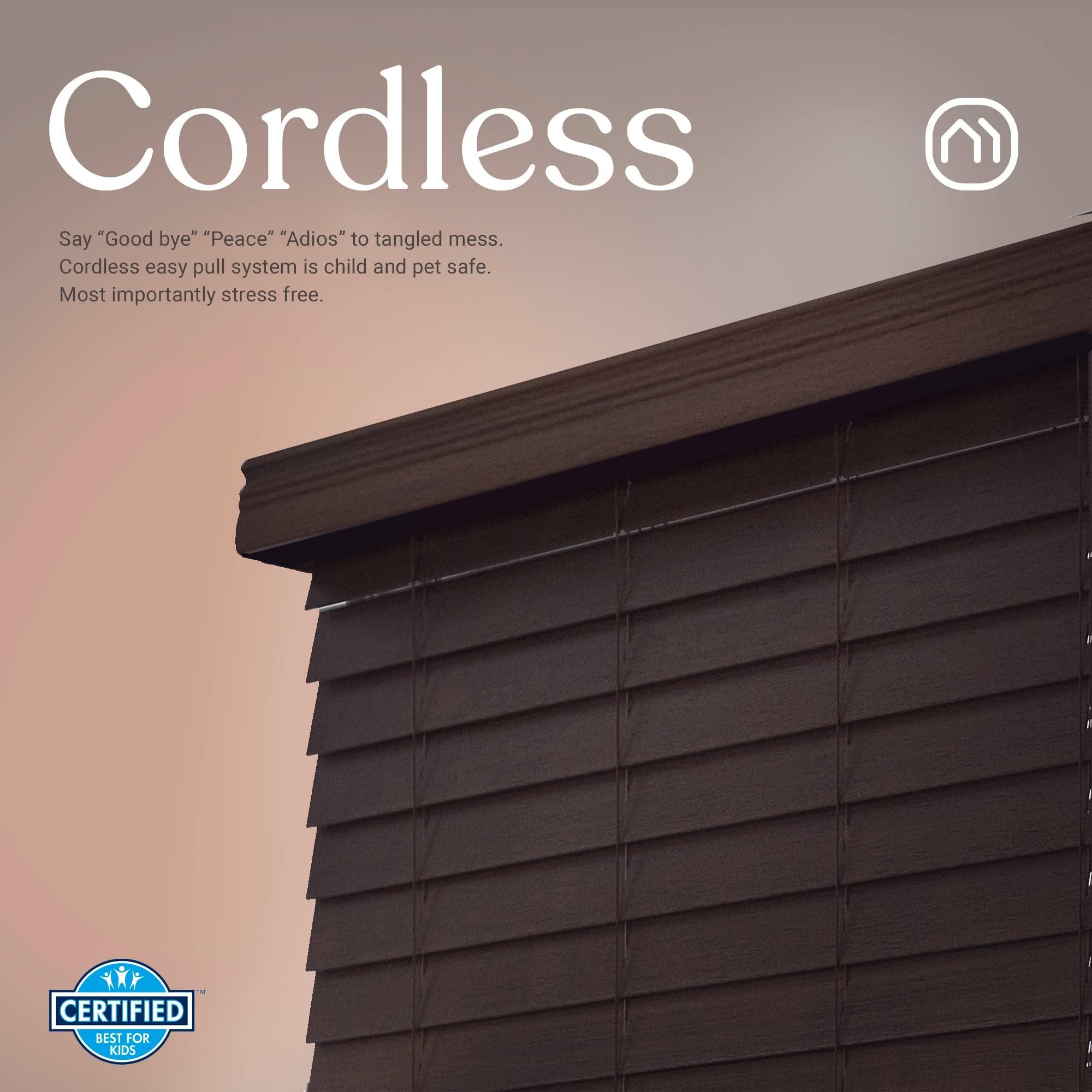 Mood MOOD Architectural 2.5" Faux Wood Window Blinds | Driftwood Brown 2.5 inch Mocha Wooden Blinds | 46.5 inch Wide Blinds for Windows | Custom Made Cordless Blackout | Mocha | 46.5" Wide x 72" Tall