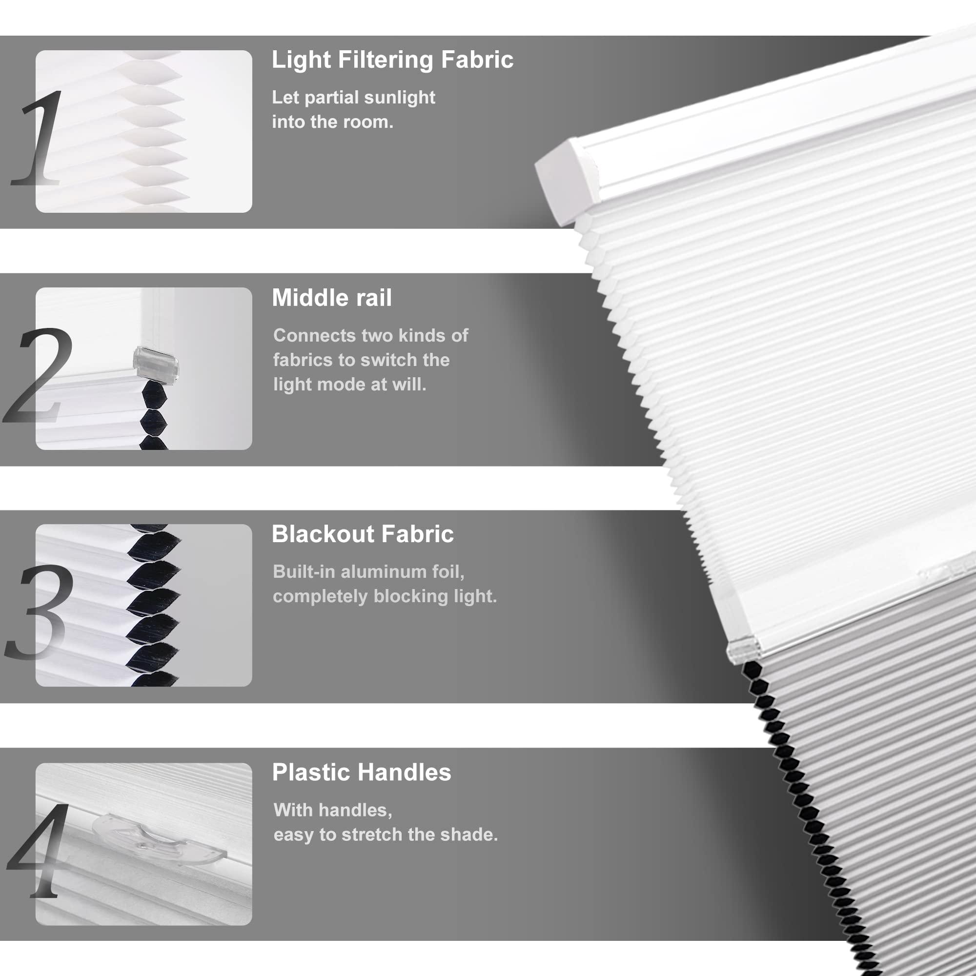 HOTSOON Day Night Cellular Shades Blackout Light Filtering Cellular Blinds Cordless 2 Shades in 1 Honeycomb Blinds for Windows, White, 23" W x 40" H