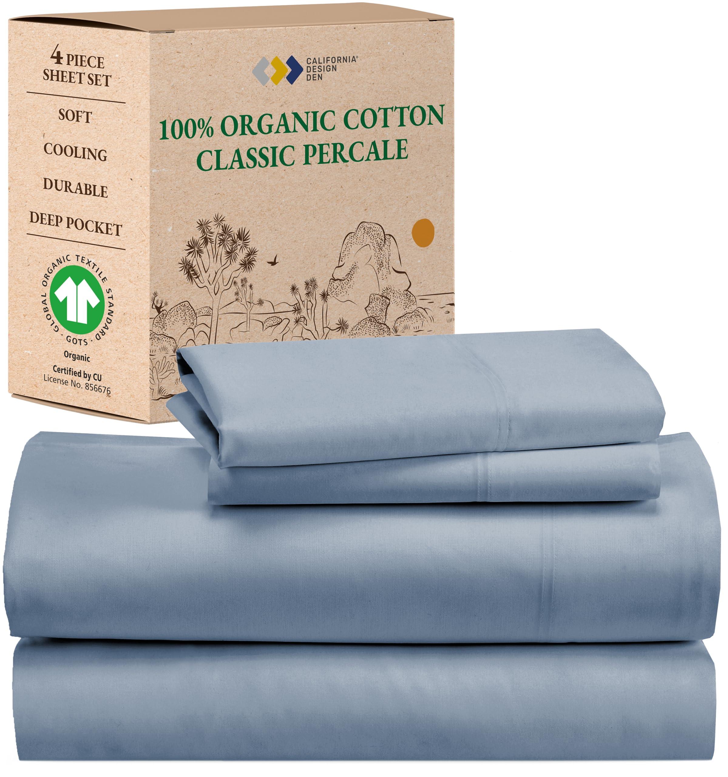 California Design Den California Design Den 100% Organic Cotton King Size Sheet Set, Percale Sheets, Deep Pocket King Sheets, GOTS Certified Luxury Sheets, King Size Cotton Bed Sheets, Blue Hydrangea Sheets