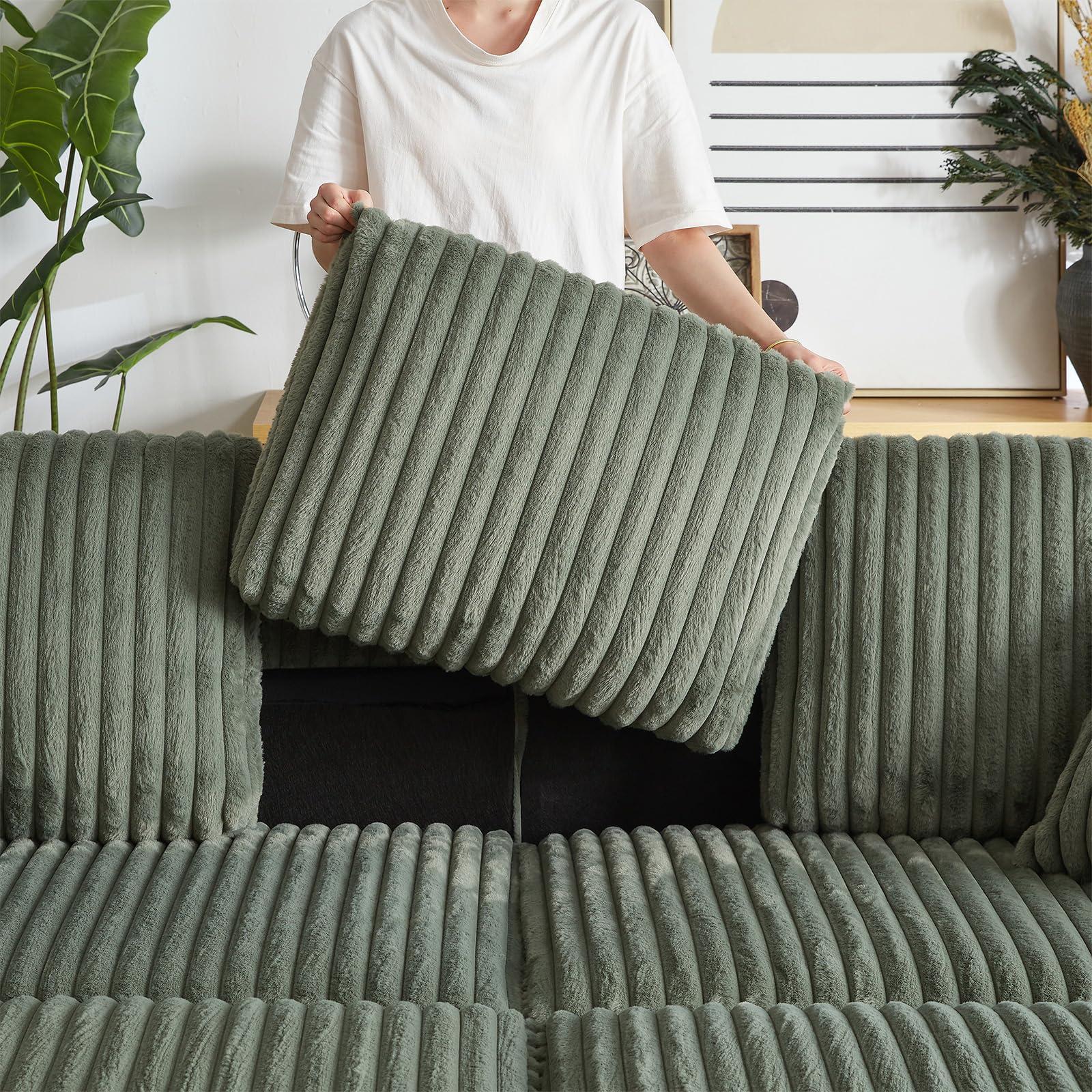 Antetek Oversized Chaise Longue Sofa Indoor with Cup Holders, Modern 86-inch Upholstered Corduroy Deep Seat 3 Seater Cloud Lounge Sofa with Ottoman & Storage Armrests for Living Room, Bedroom Apartment, Green