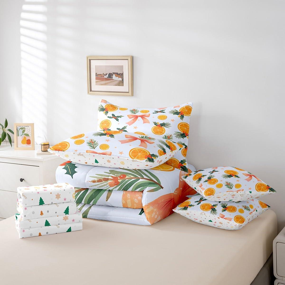 Feelyou Feelyou Merry Christmas Comforter Set with Sheets Christmas Bow Orange Flower Bed in a Bag for Kids Boys Girls Bedroom Bed Decor Xmas Christmas 7 Piece Bedding Set Queen Size Soft Bed Set