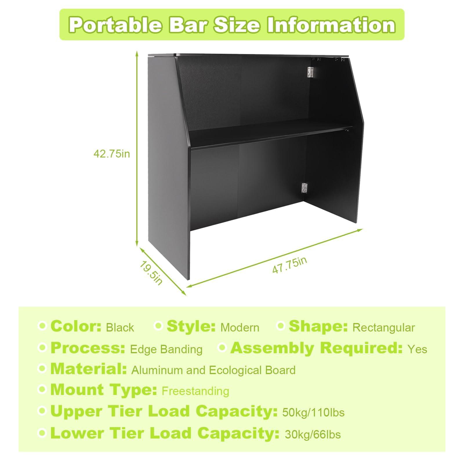 Akynjtbca Akynjtbca Bar Table Cabinet 42\" Tall Portable Event Bar, Farmhouse Coffee Bar Cabinet with Top and Middle Shelves, Foldable Bartender Station for Home&Parties (Black + Black Aluminum Cladding)