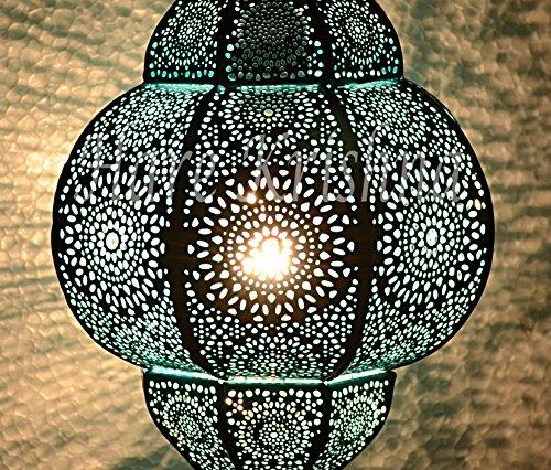 Hare Krishna Indian Moroccan Style Metal Hanging Lighting Pendant Lamp Shade (Turquoise and Turquoise) 12 x 7.5 Inches