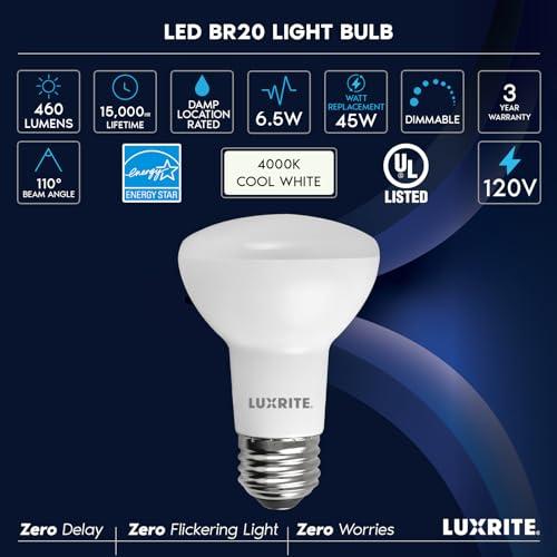 LUXRITE LUXRITE BR20 LED Bulb, 45W Equivalent, 4000K Cool White, Dimmable, 460 Lumens, R20 LED Flood Light Bulb 6.5W, Energy Star, Damp Rated, E26 Base, Perfect for Recessed and Track Lighting (12 Pack)