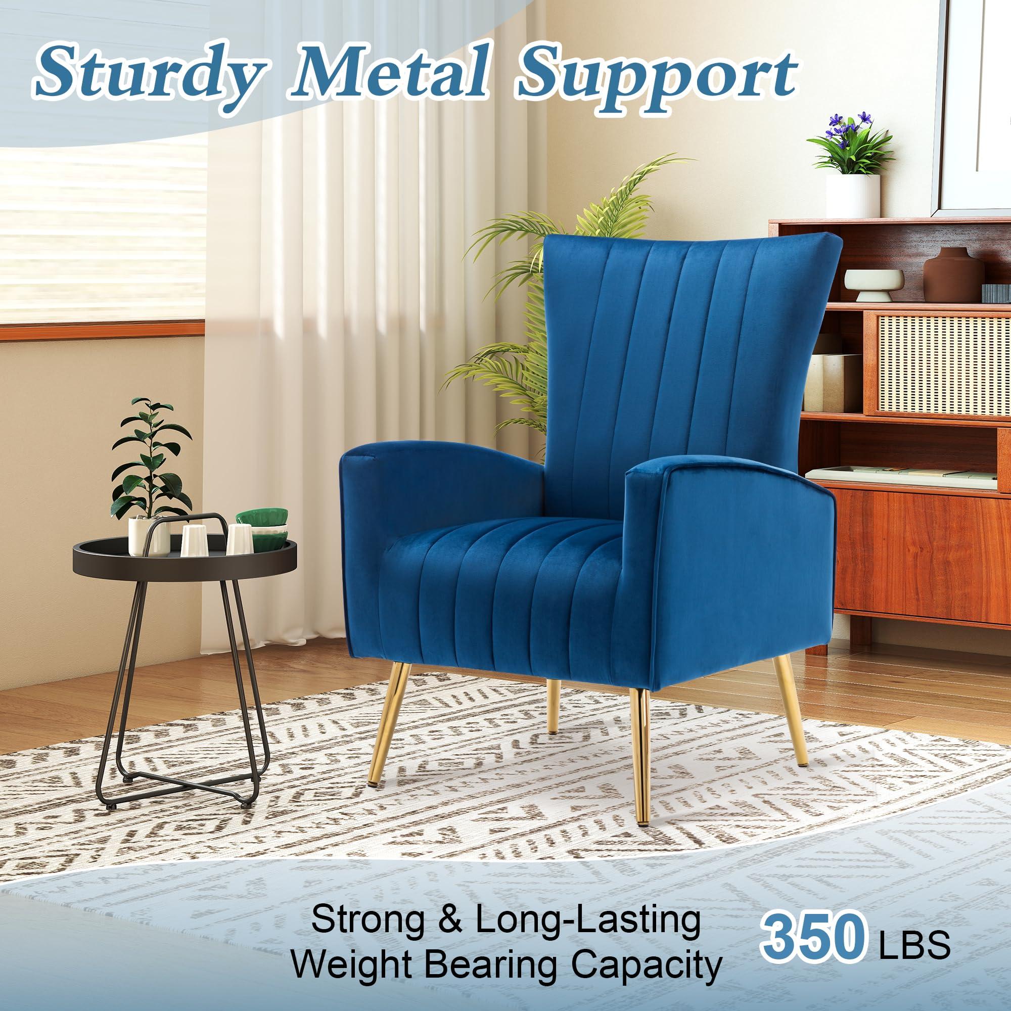 LSSPAID LSSPAID Velvet Accent Chairs Set of 2, Modern Fabric Upholstered Living Room Chairs Armchairs with Wing Back and Metal Legs, Navy Blue
