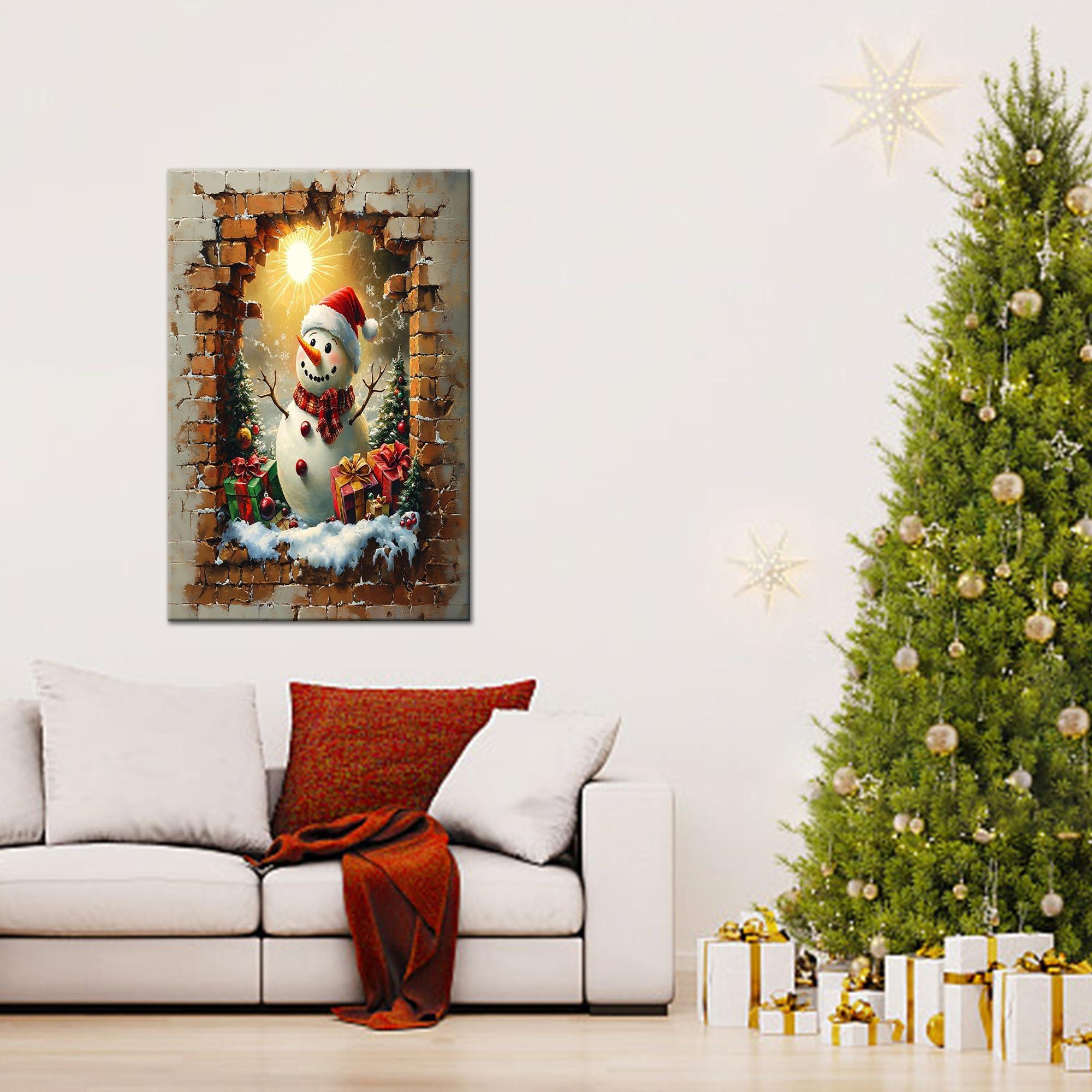 KVTM Christmas Wall art, Snowman and Christmas Gifts Pictures Prints Wall Art Decor, Winter Landscape Paintings Winter Snowy Scene, Christmas Wall Decor Winter landscape Animals Canvas Home Artwork 32\"x48\"
