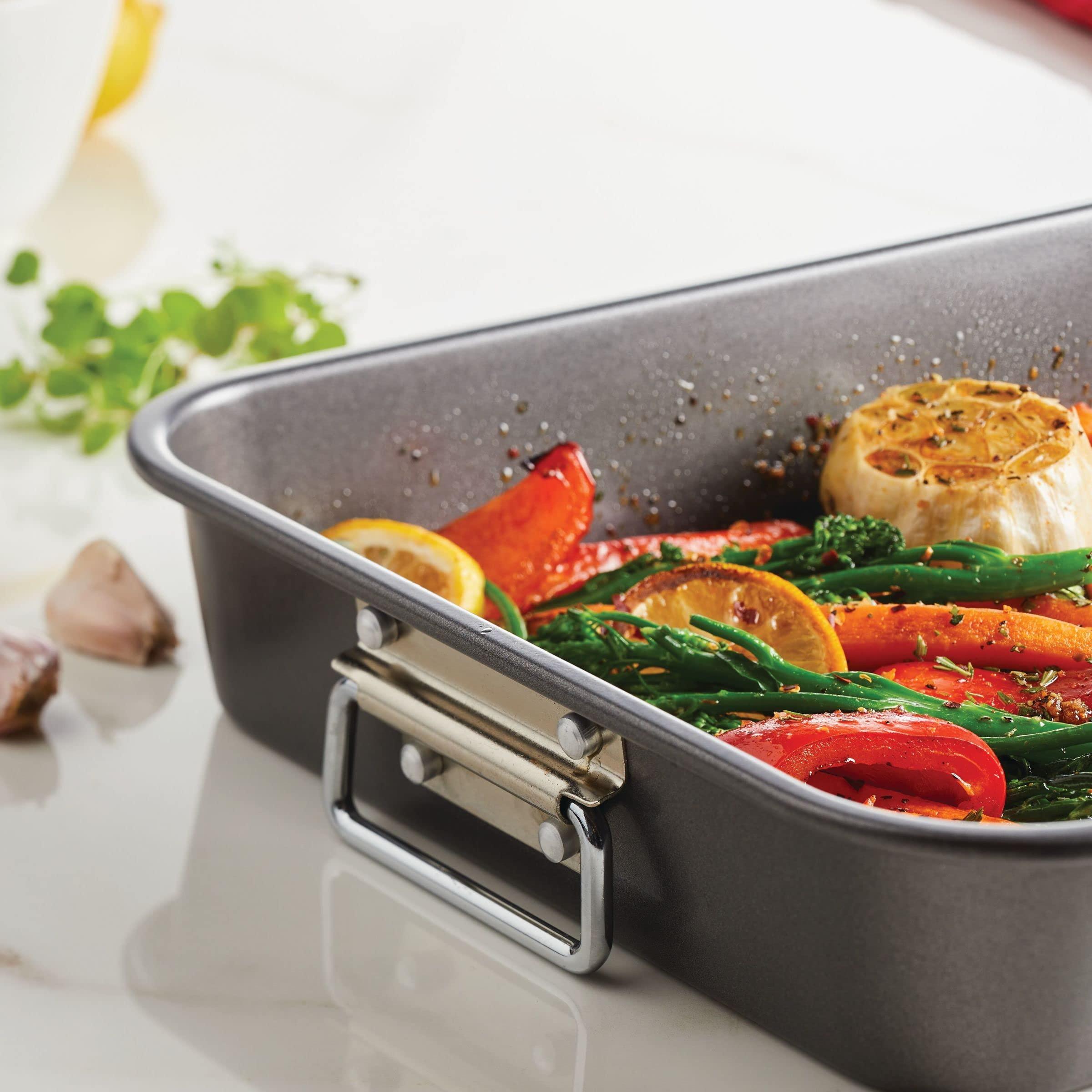Farberware Farberware Bakeware Nonstick Steel Roaster with Flat Rack, 11-Inch x 15-Inch, Gray