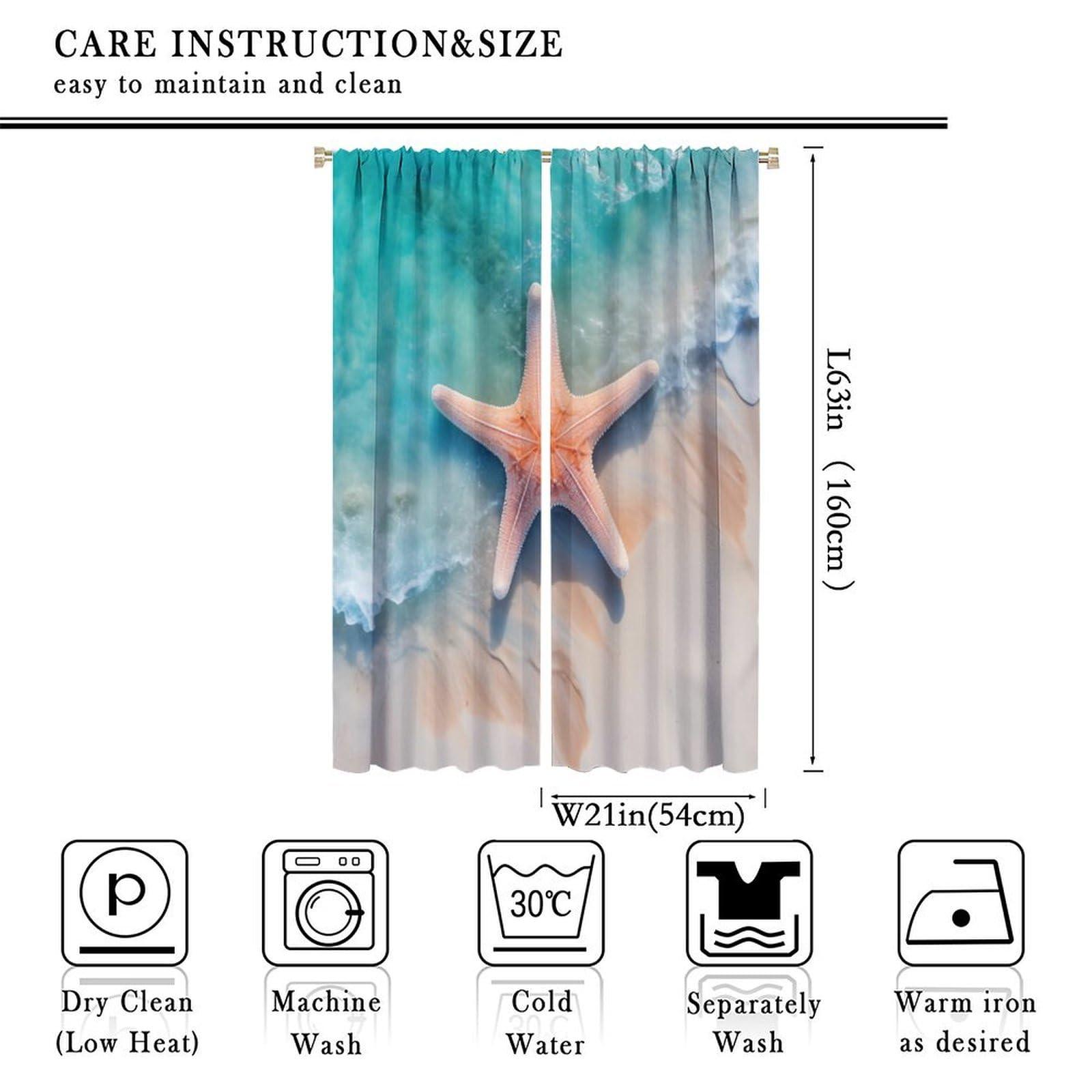 YungHo YungHo Starfish Curtains, Summer Holiday with Seashells Starfish and Palm Tree Ocean Print Window Drapes, 26" W x 84" L x2Blackout