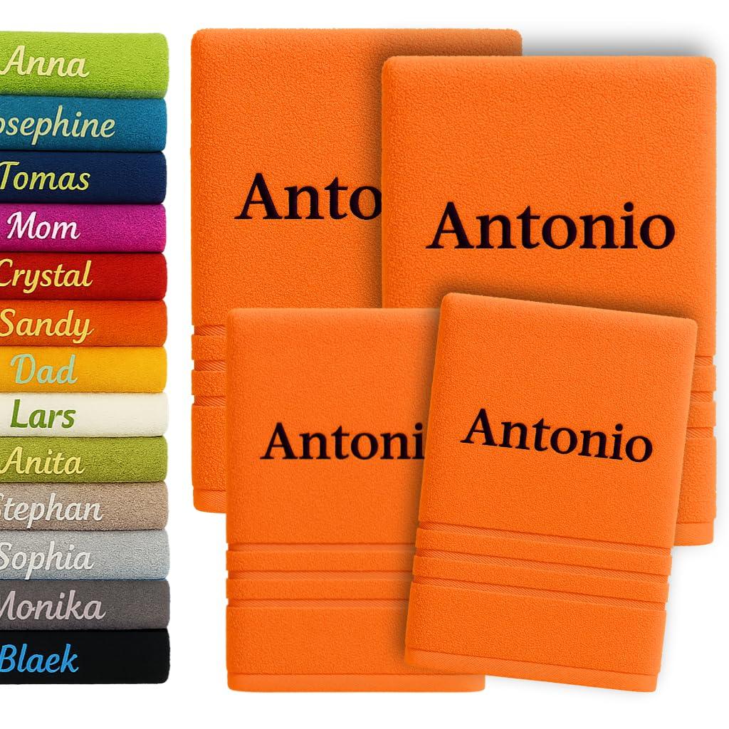 Pet-Jos Generic 4 pieces Personalised Bath Towel and Hand Towel with Name Beautifully Embroidered Name Custom Towel 4 Pack Cotton Towel Set Personalized Gift (Orange)