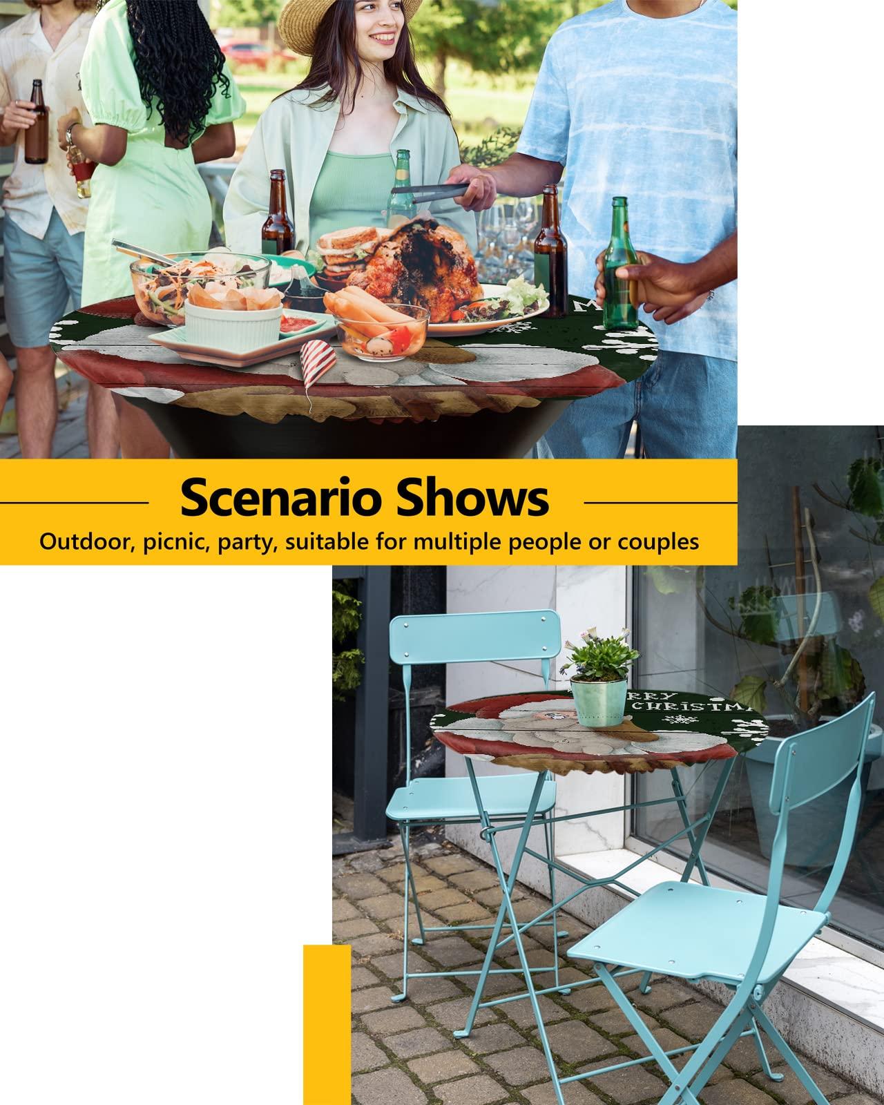 SEVENBABU SEVENBABU Round Table Cover 45-54 Inch, Waterproof Reusable Table Cloth Round Fitted Vinyl Tablecloth with Elastic Edged for Parties Outdoors, Merry Christmas Joy Santa Claus Green Wood Grain