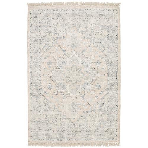 HomeRoots 10' X 13' Beige and Grey Oriental Hand Loomed Stain Resistant Area Rug with Fringe