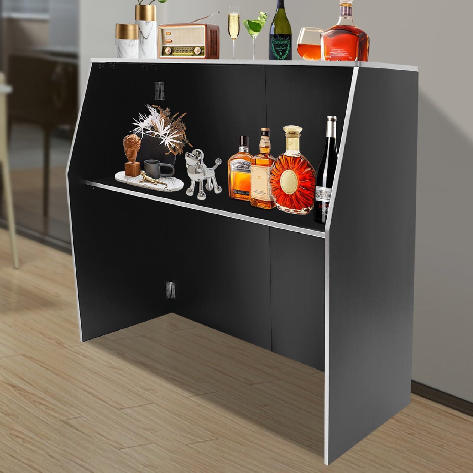 Pinelicorn Pinelicorn 4\' Folding Portable Event Bar with Top and Middle Shelves, Portable Bar Cabinet Mobile Bartender Station Mobile Laminate Foldable Bar Table for Parties and Events (Frosted Black)